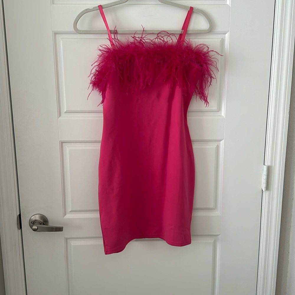 Fashion Nova Hot Pink Feather Mini Dress Size M